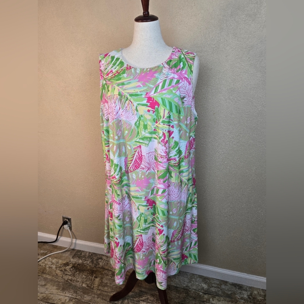 Pappagallo Green Pink Leafy Print Midi Dress 3X (6135)